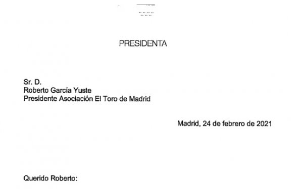 Carta de la presidenta de la CAM, Dña. Isabel Díaz Ayuso